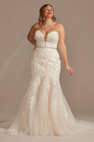 View Oleg Cassini Lace Applique Mermaid Strapless Wedding Dress in all available color and sizes Picture of Lace Applique Mermaid Strapless Wedding Dress