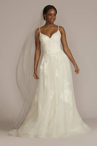 View Oleg Cassini Floral Applique Drop Waist Bodice Wedding Dress in all available color and sizes Picture of Floral Applique Drop Waist Bodice Wedding Dress