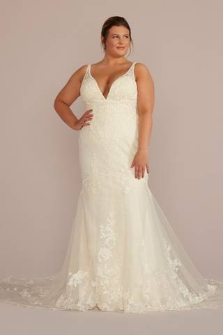 View Oleg Cassini Removable Train Mermaid Wedding Dress in all available color and sizes Picture of Removable Train Mermaid Wedding Dress