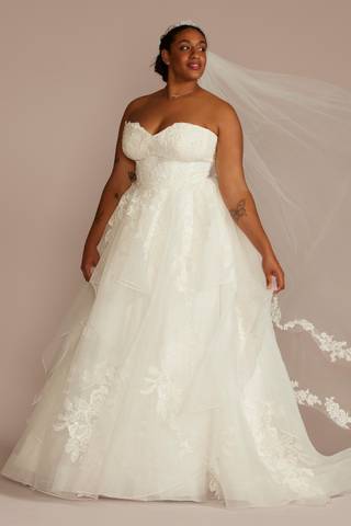 View Oleg Cassini Tiered Floral Ball Gown Wedding Dress in all available color and sizes Picture of Tiered Floral Ball Gown Wedding Dress