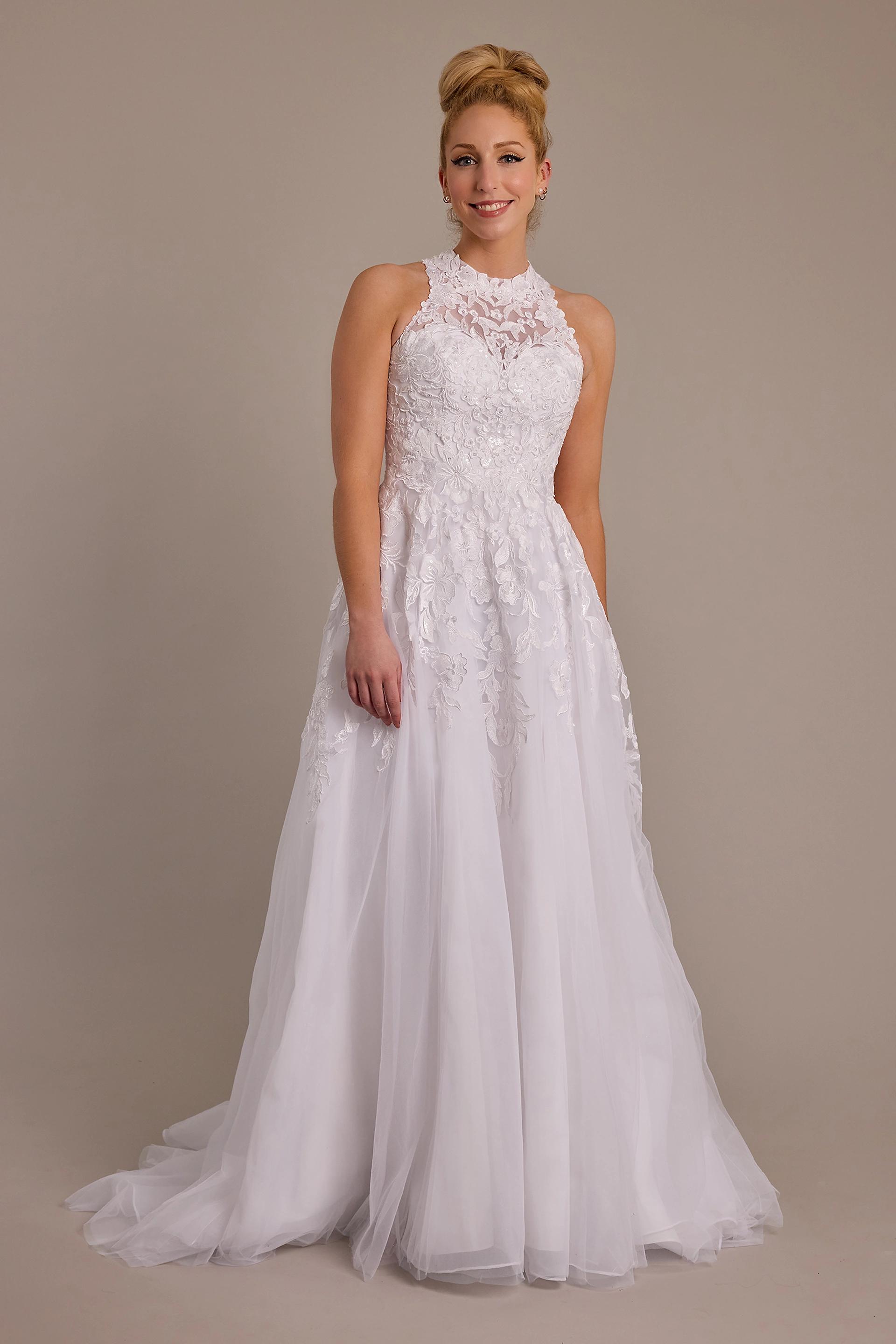 Oleg Cassini High Neck Lace Applique Tulle Wedding Dress in White Size: 30W David's Bridal
