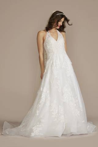 View Oleg Cassini V-Neck Halter Beaded Lace Ball Gown Wedding Dress in all available color and sizes Picture of V-Neck Halter Beaded Lace Ball Gown Wedding Dress