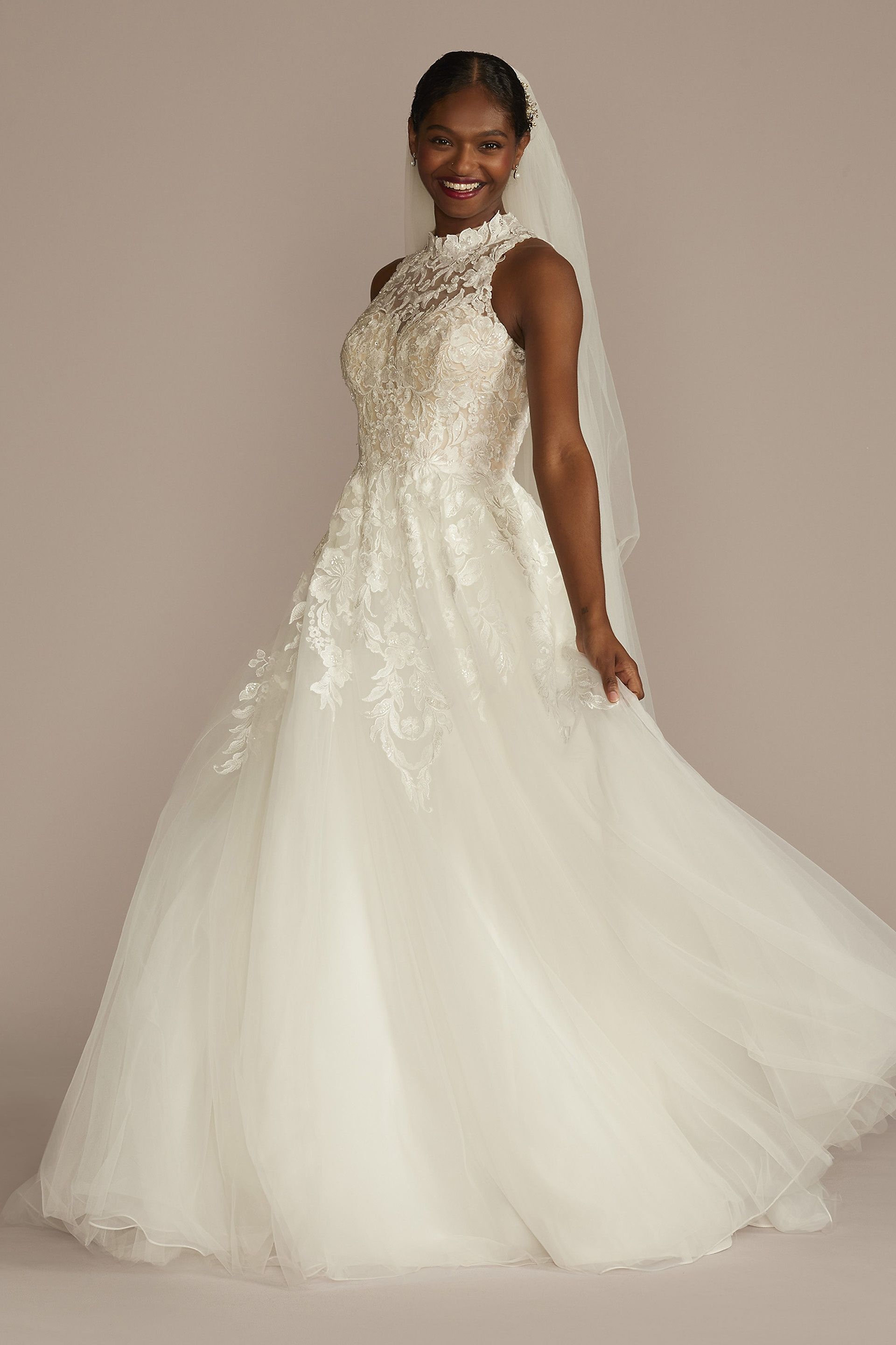 Oleg Cassini Lace Appliqué Tulle Wedding Dress — Soft White / Dark Champagne
