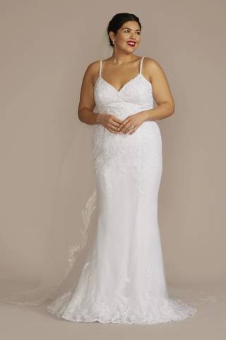 View Oleg Cassini Appliqued Lace-Up Spaghetti Strap Wedding Dress in all available color and sizes Picture of Appliqued Lace-Up Spaghetti Strap Wedding Dress