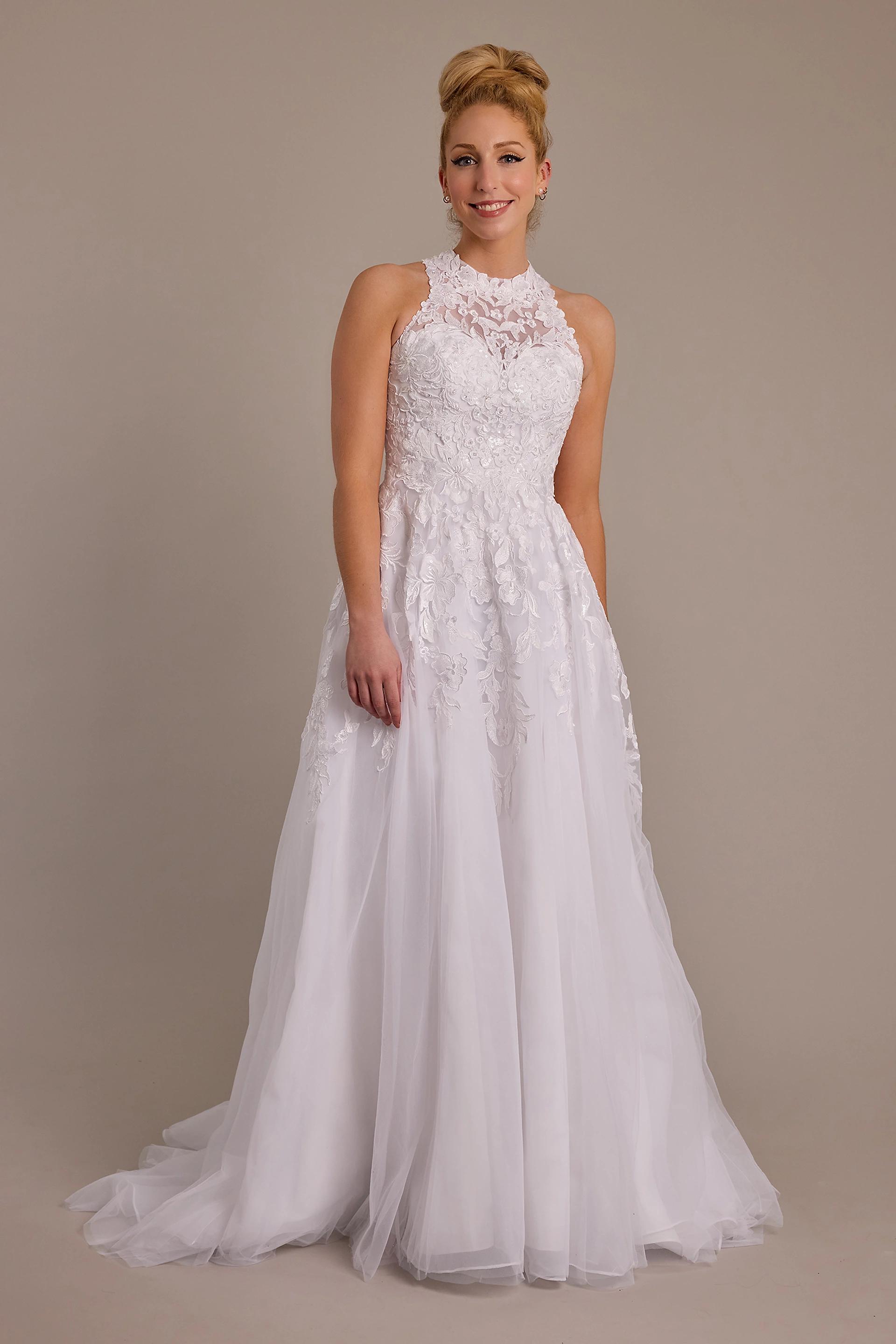 Oleg Cassini High Neck Lace Applique Tulle Wedding Dress in White Size: 12 David's Bridal