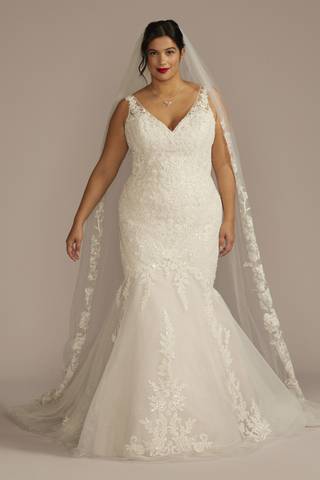 View Oleg Cassini Multi-Lace Tank V-Neck Mermaid Wedding Dress in all available color and sizes Picture of Multi-Lace Tank V-Neck Mermaid Wedding Dress
