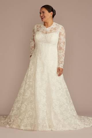 View Oleg Cassini Allover Lace Long Sleeve Mock Neck Wedding Dress in all available color and sizes Picture of Allover Lace Long Sleeve Mock Neck Wedding Dress
