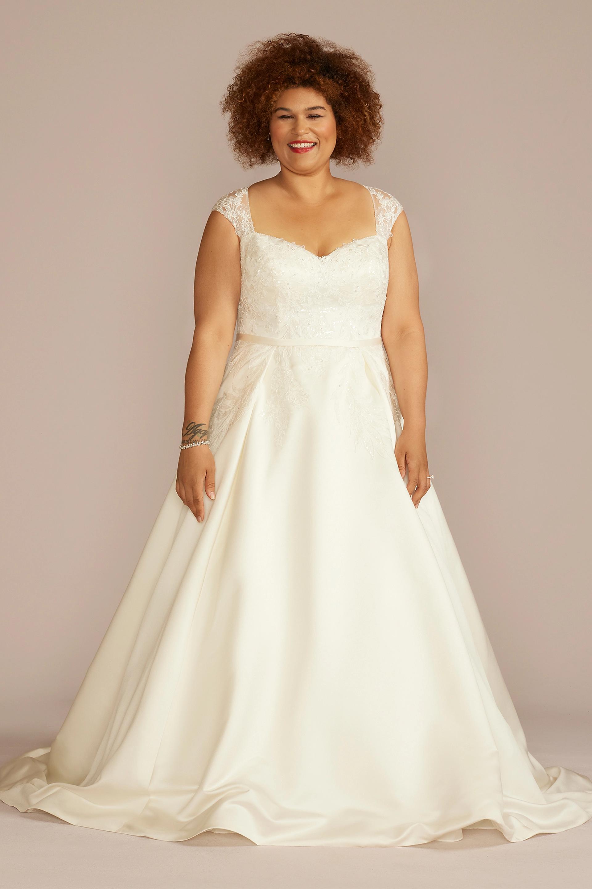 Oleg Cassini Lace Appliqué Satin Wedding Dress — Ivory