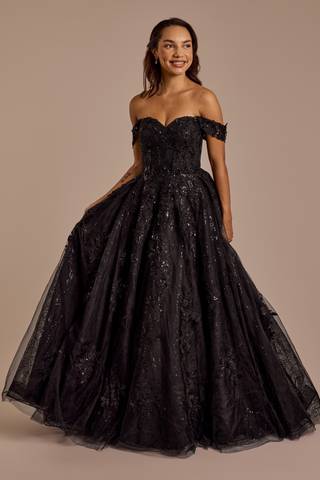 View Oleg Cassini Off-the-Shoulder Lace-Up Back Wedding Dress in all available color and sizes Picture of Off-the-Shoulder Lace-Up Back Wedding Dress