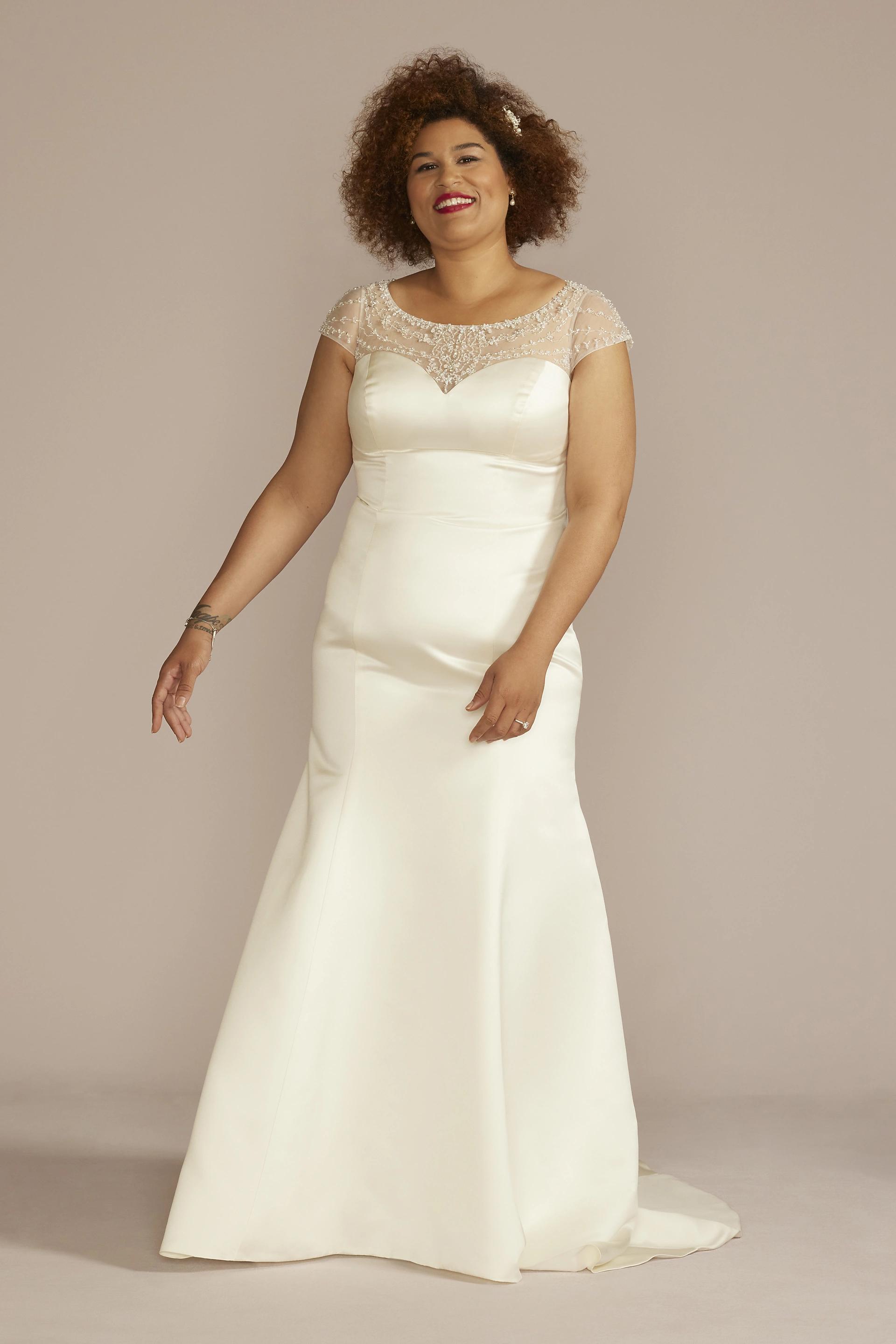 Picture of Beaded Cap Sleeve Satin Mermaid Wedding Dress