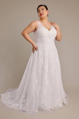 View Oleg Cassini Allover Beaded Tank A-Line Wedding Dress in all available color and sizes Picture of Allover Beaded Tank A-Line Wedding Dress