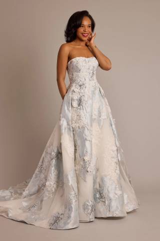View Oleg Cassini Brocade Strapless Ball Gown Wedding Dress in all available color and sizes Picture of Brocade Strapless Ball Gown Wedding Dress