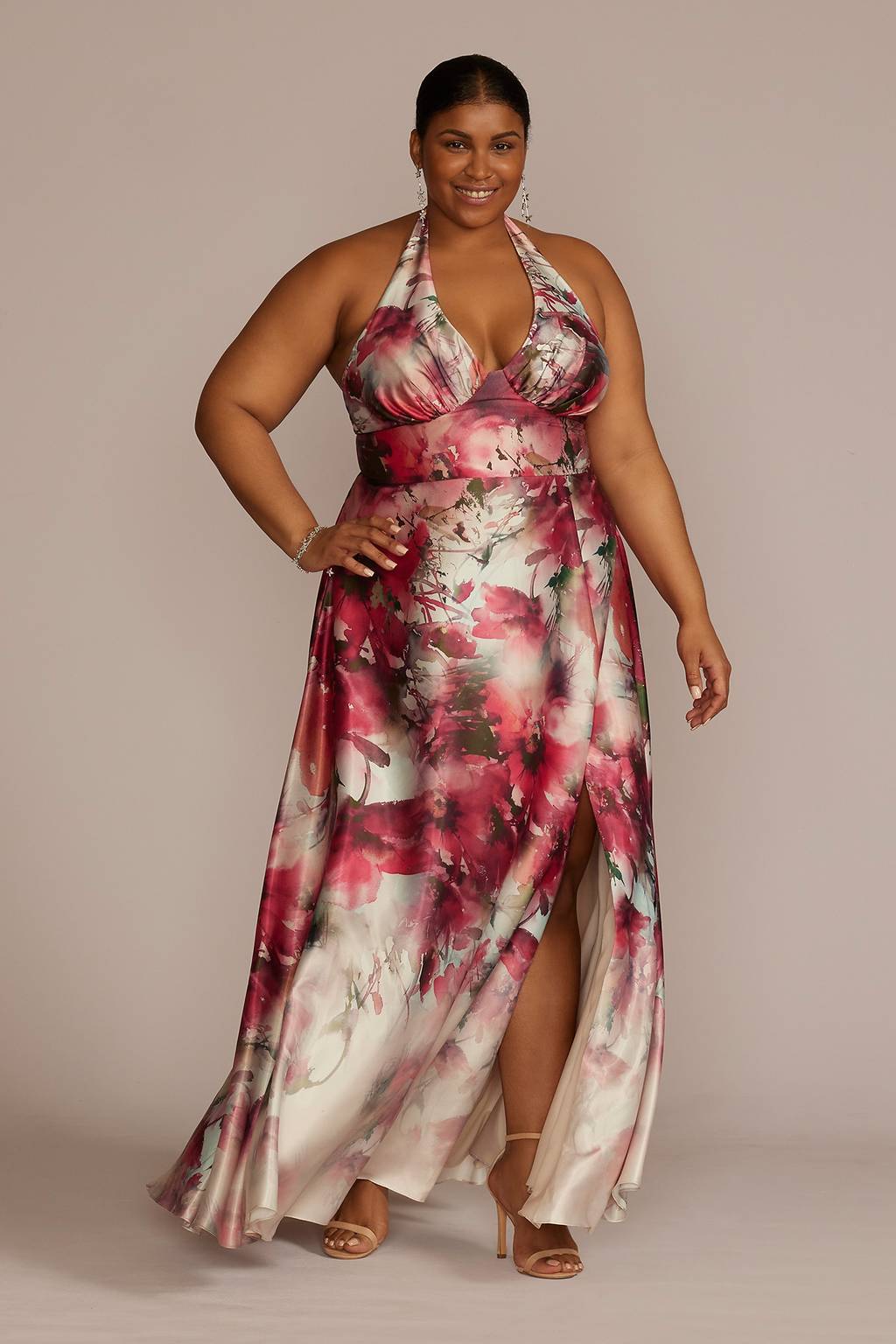 halter plus size floral dress Floor Length Floral Print Halter Dress with Slit