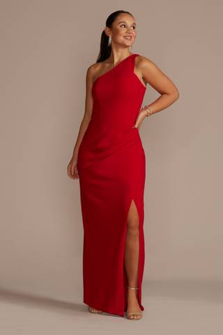 View DB Studio One-Shoulder Crepe Sheath with Slit in all available color and sizes Picture of One-Shoulder Crepe Sheath with Slit