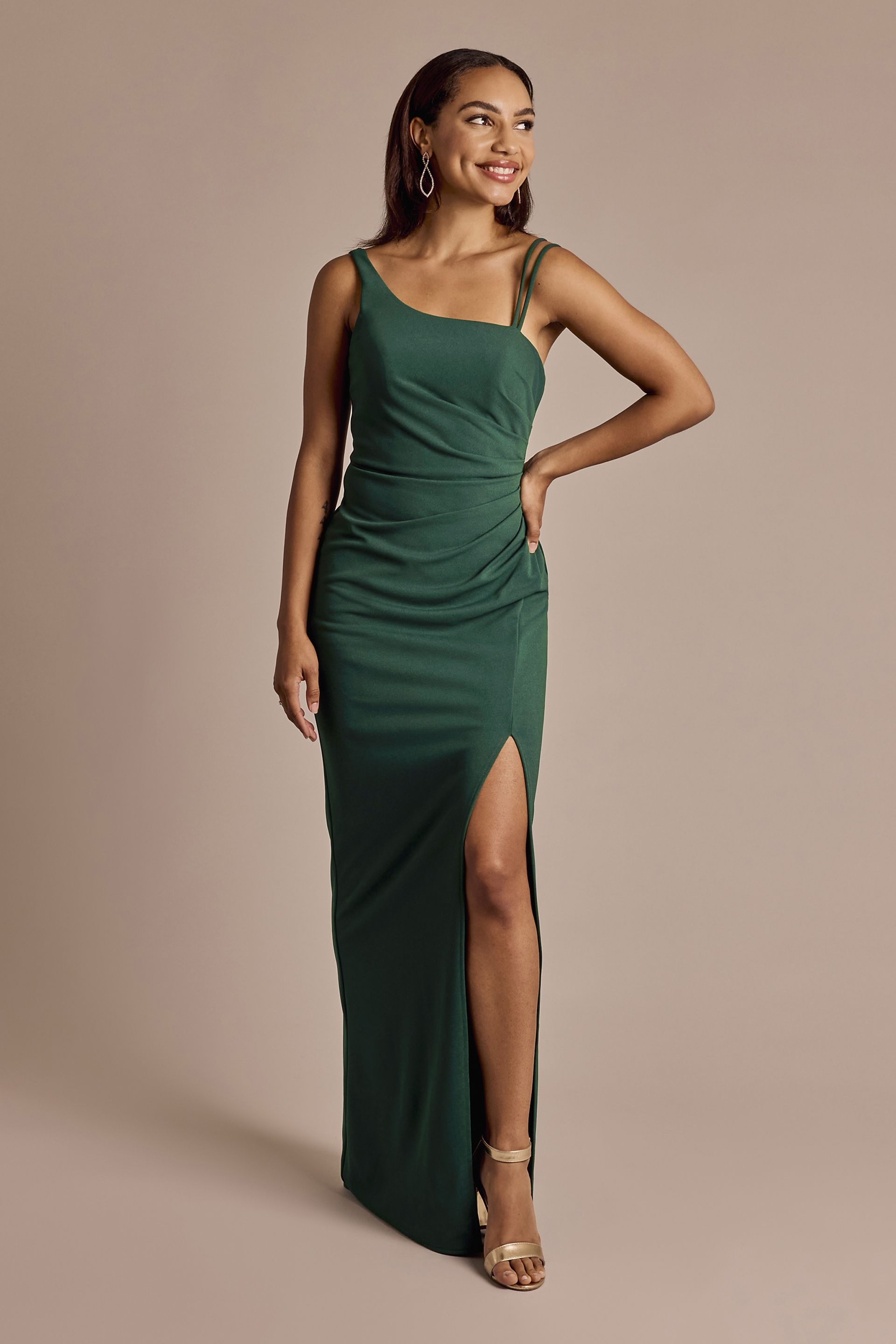 Picture of One-Shoulder Side-Draped Crepe Sheath Dress