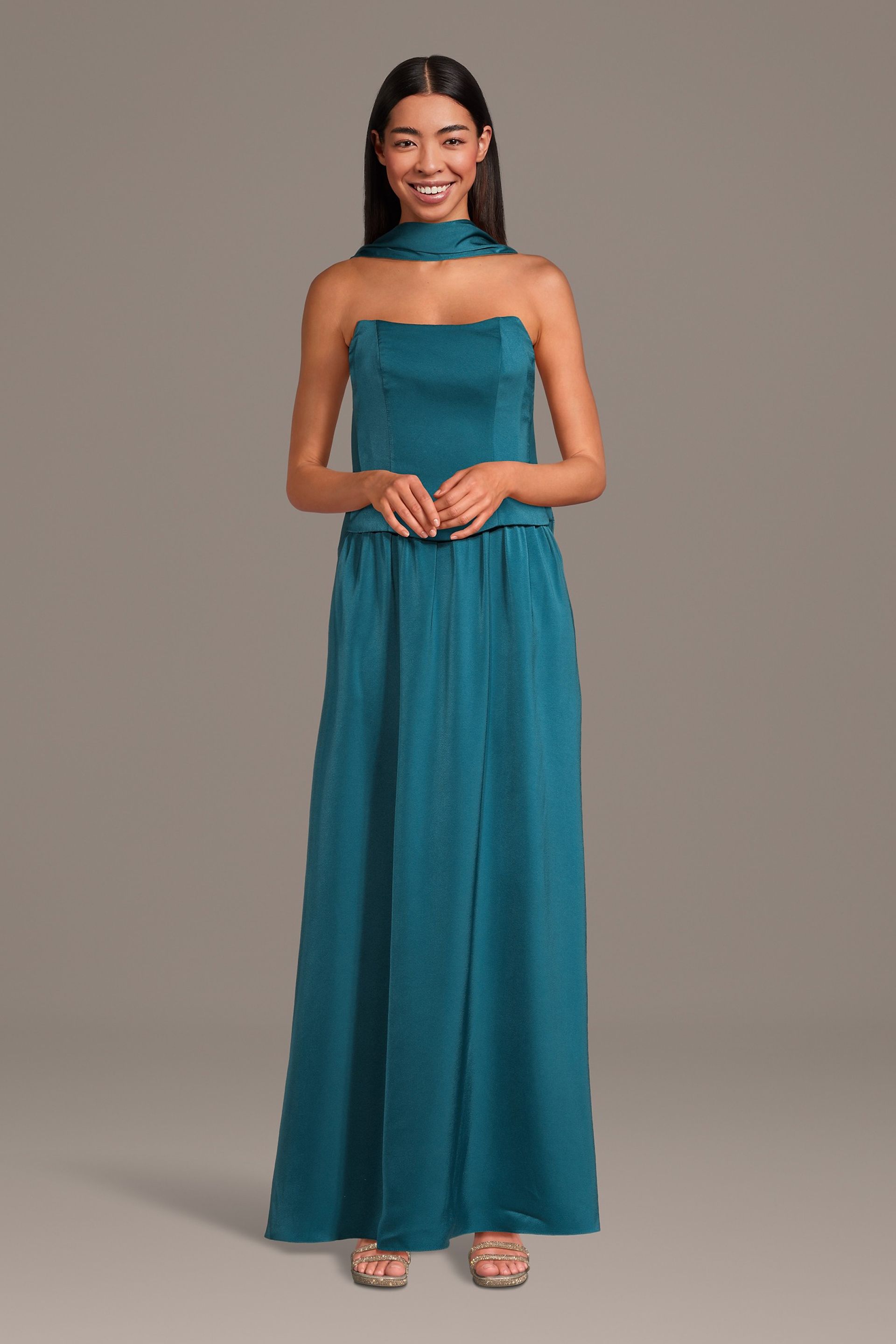 Picture of Faux Two-Piece Charmeuse Dress with Matching Scarf