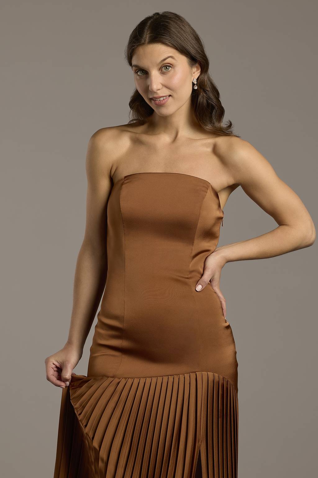 kamea tawny brown satin draped front open back midi dress UNDRESS | KAMEA nude satin backless midi dress | Women's Pink Midi dresses