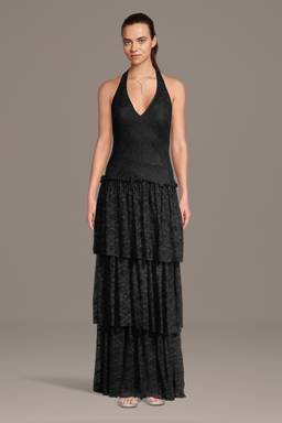 lace keyhole tie back halter dress Morgan & Co Sequined Lace Keyhole Maxi Prom Dress Halter Tie-back Size 12