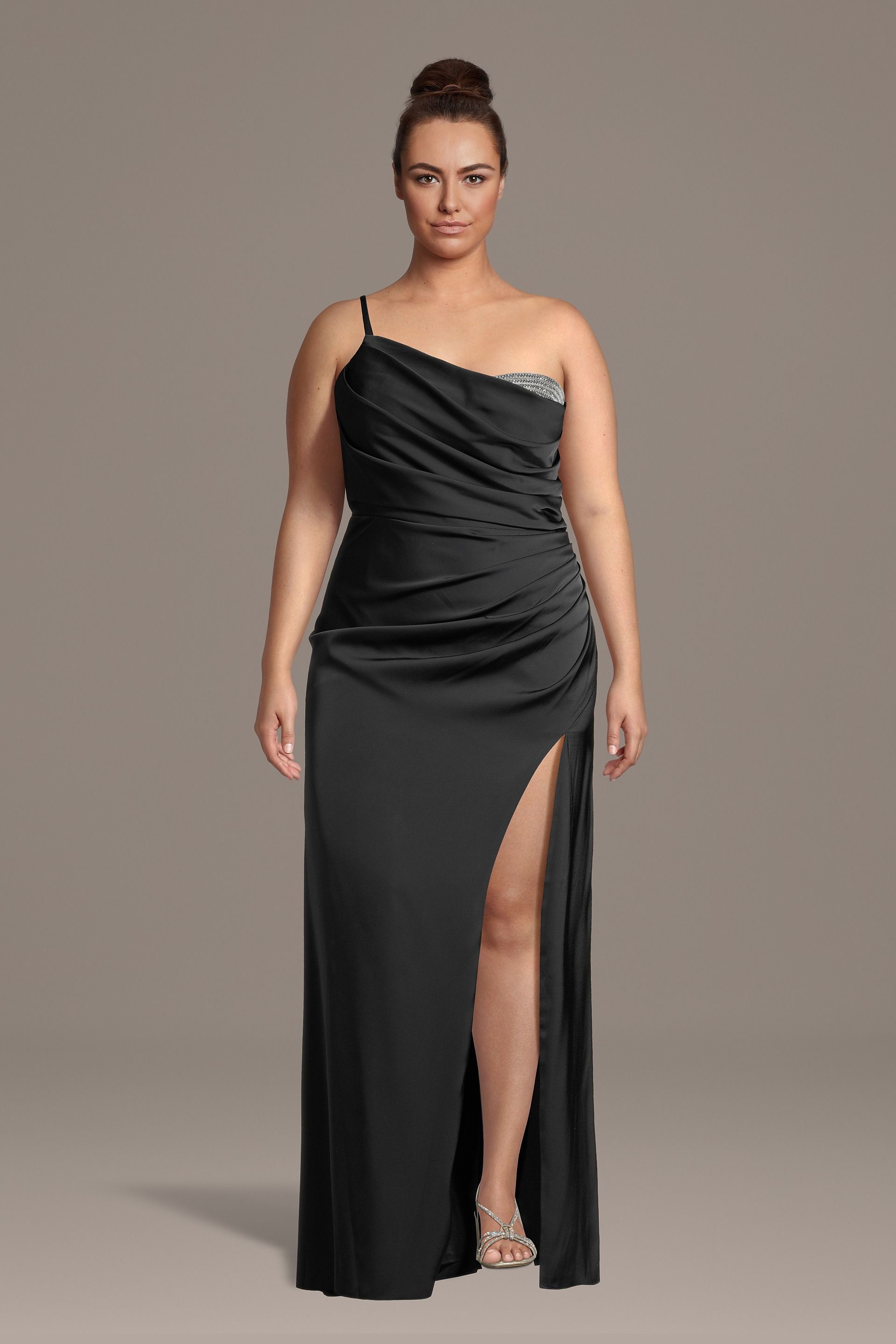 Picture of Asymmetrical Jeweled Neckline Matte Satin Gown