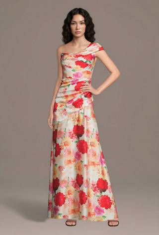 View DB Studio Asymmetrical Floral Print Charmeuse Sheath Dress in all available color and sizes Picture of Asymmetrical Floral Print Charmeuse Sheath Dress