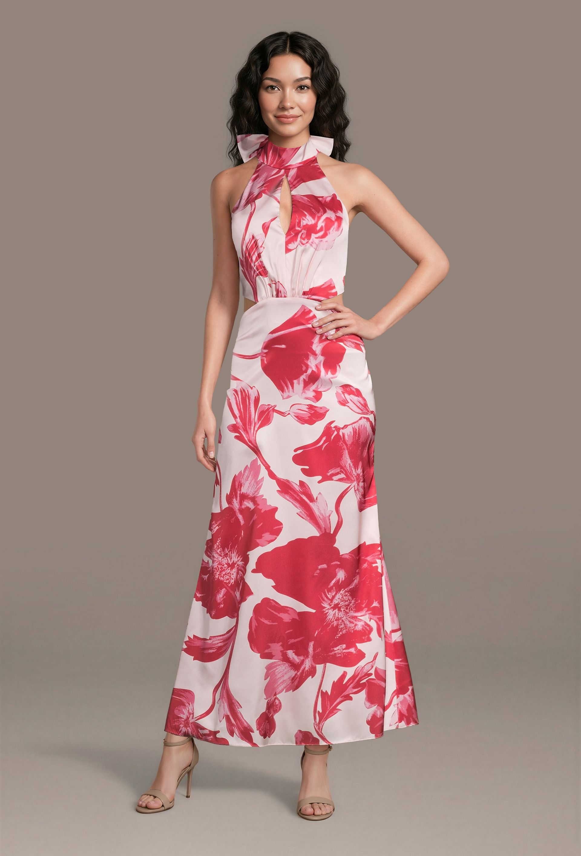 Picture of Matte Satin Print Halter Dress with Cutouts