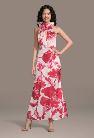 Picture of Matte Satin Print Halter Dress with Cutouts