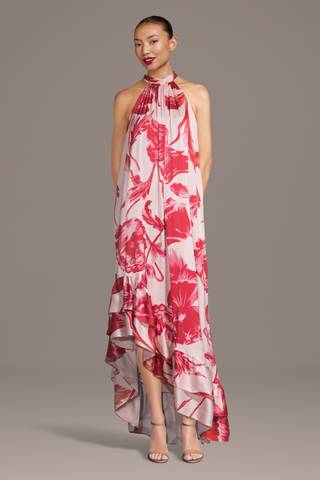 View DB Studio High Neck Floral Print Matte Satin Tent Dress in all available color and sizes Picture of High Neck Floral Print Matte Satin Tent Dress