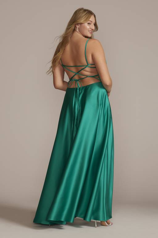 david's bridal plus size prom dresses Satin Spaghetti Strap A-Line Prom Dress