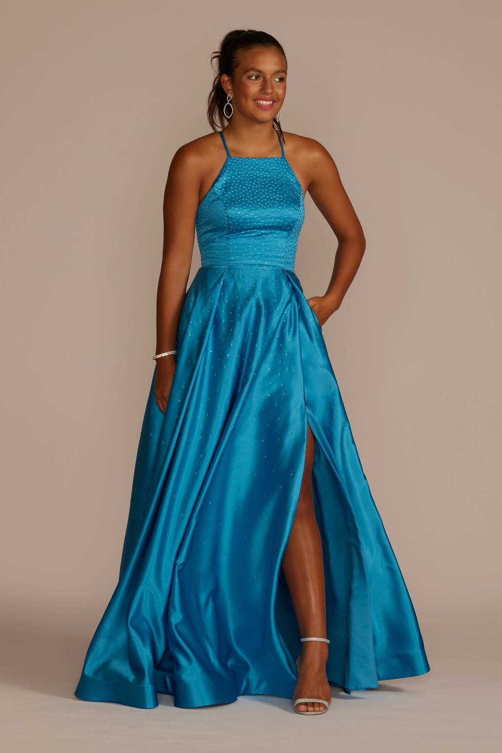 high neck ball dress Satin Dress with High Neck, Fitted Bodice & Flared Skirt Lotus Threads Bridal