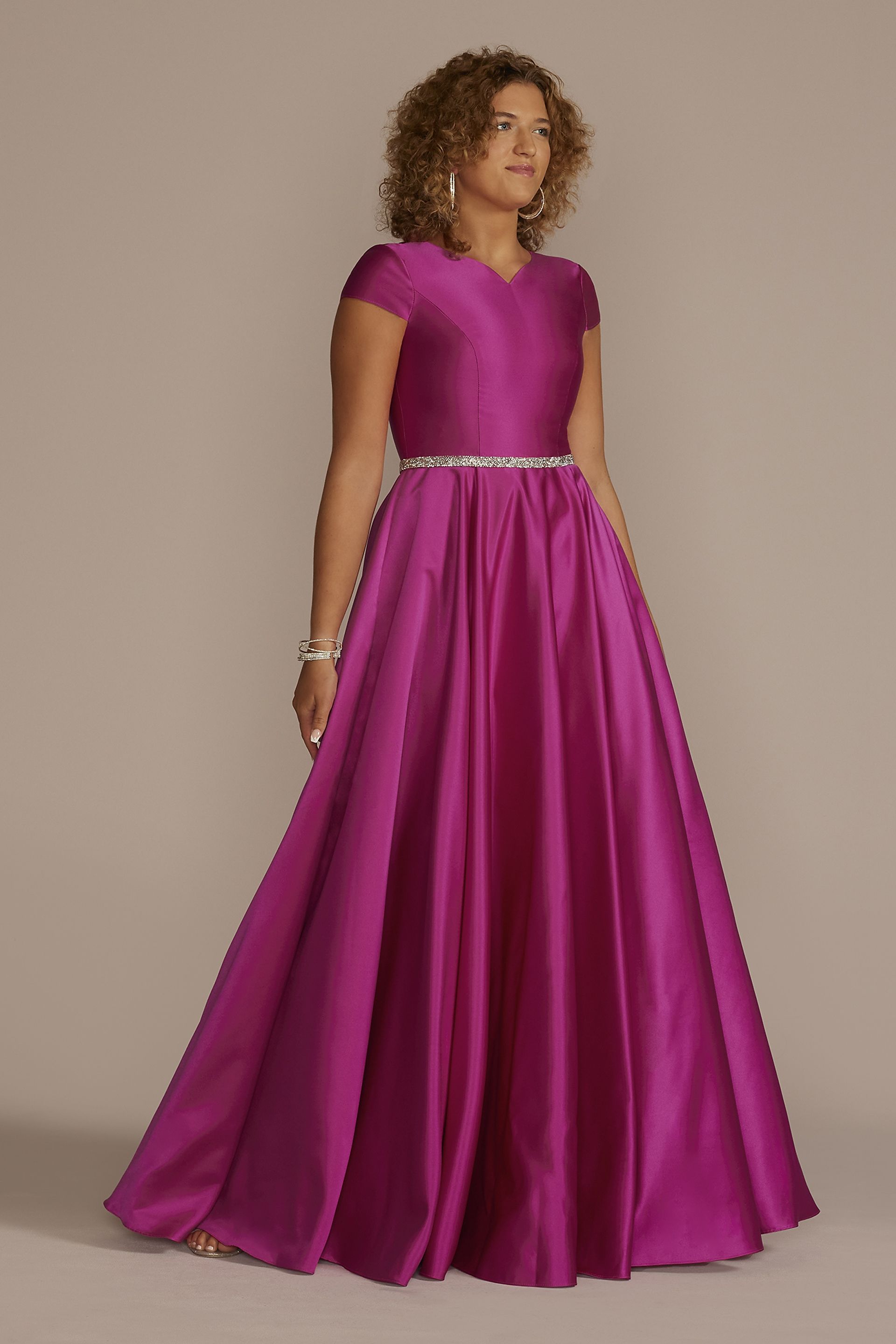 Picture of Cap Sleeve Satin Ball Gown with Embellished Waist
