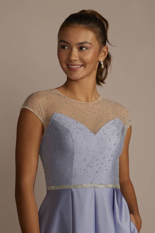 sheer top bridesmaid dress Satin Ball Gown with Sheer Embellished Top
