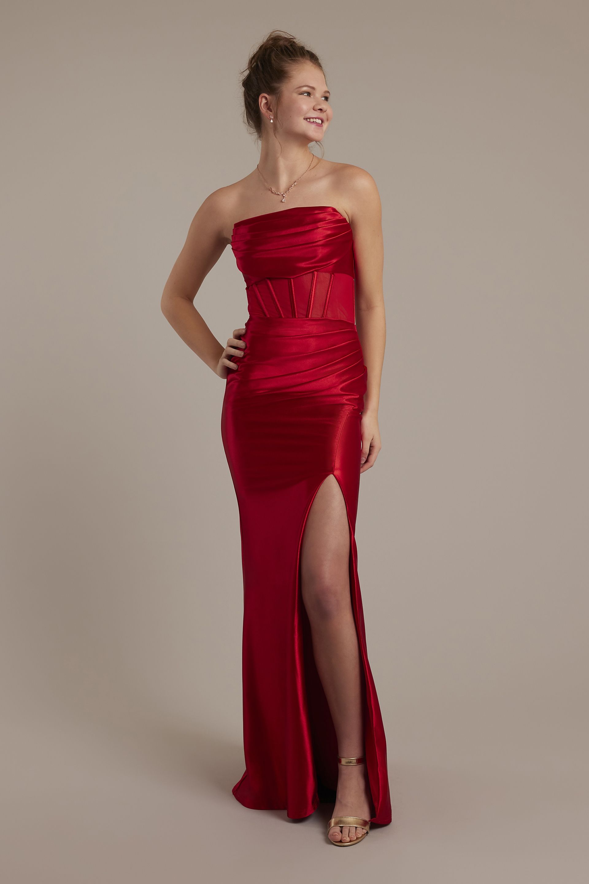 Picture of Sculpting Satin Draped Corset Sheath Dress