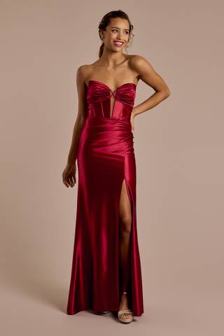 View Jules and Cleo Strapless Plunge Sculpting Satin Sheath Dress in all available color and sizes Picture of Strapless Plunge Sculpting Satin Sheath Dress