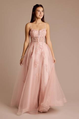 View Jules and Cleo Beaded Floral Applique Glitter Tulle Ball Gown in all available color and sizes Picture of Beaded Floral Applique Glitter Tulle Ball Gown