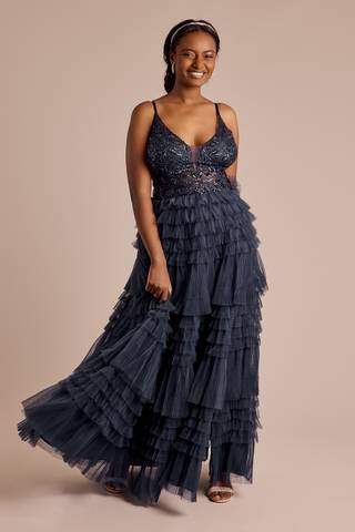 Picture of Plunging Neckline Ruffled Tulle Ball Gown