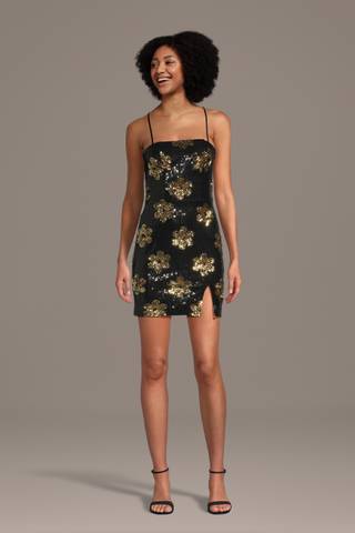 View Jules and Cleo Sequin Flower Spaghetti Strap Mini Dress in all available color and sizes Picture of Sequin Flower Spaghetti Strap Mini Dress
