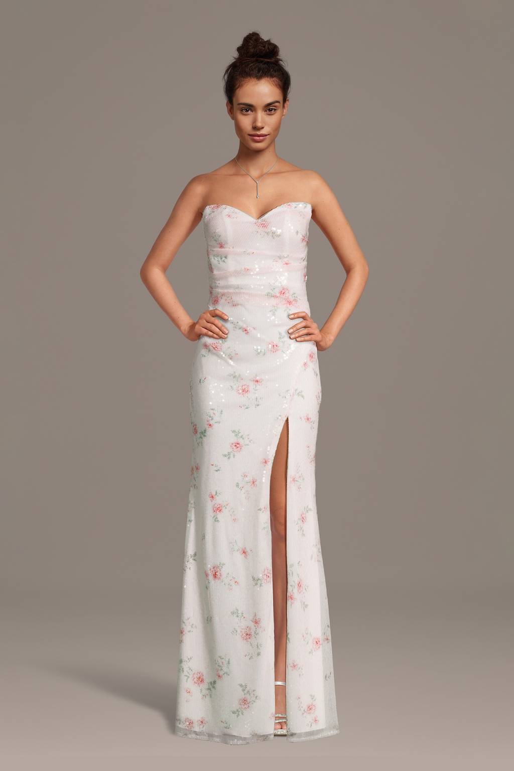 floral printed sequin mesh twist front bandeau a-line dress City Vibe Floral Printed Sequin Mesh Twist Front Bandeau Side Slit Dress at  Hamilton Place in Chattanooga, TN