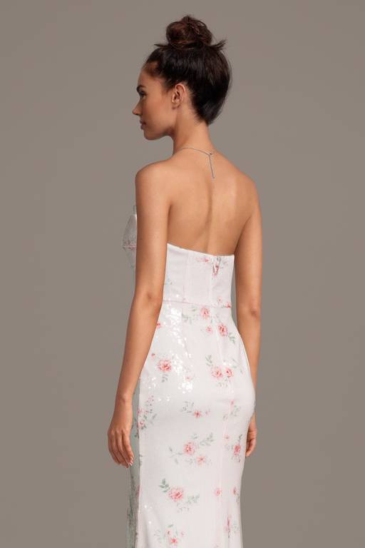 floral printed sequin mesh twist front bandeau a-line dress Floral Printed Sequin Mesh Twist Front Bandeau Dress