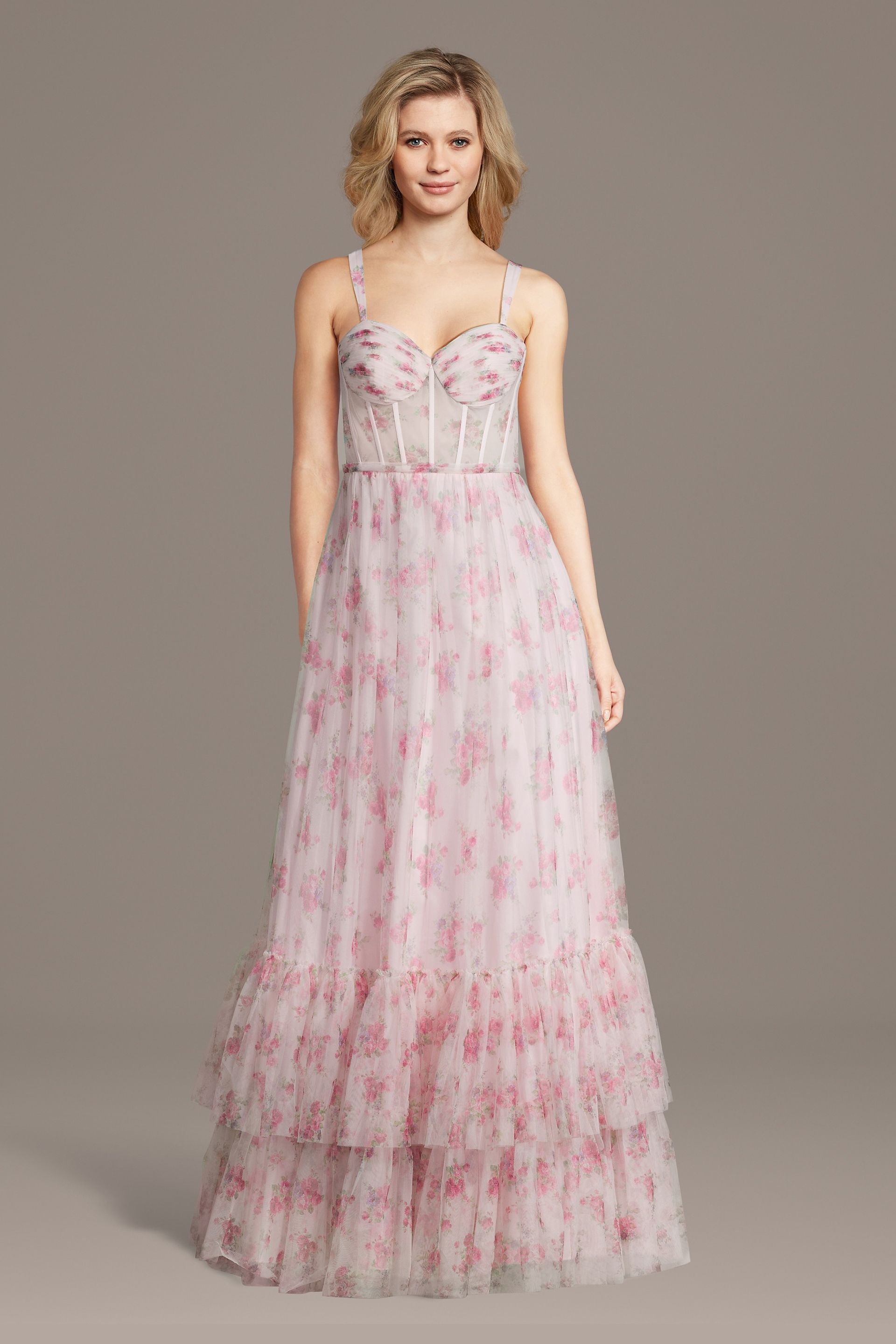 Picture of Floral Print Mesh Corset Ball Gown With Tiered Hem