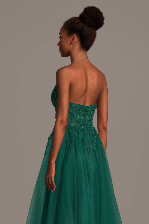 illusion strapless matelasse long dresses Strapless Illusion Applique A-Line Dress