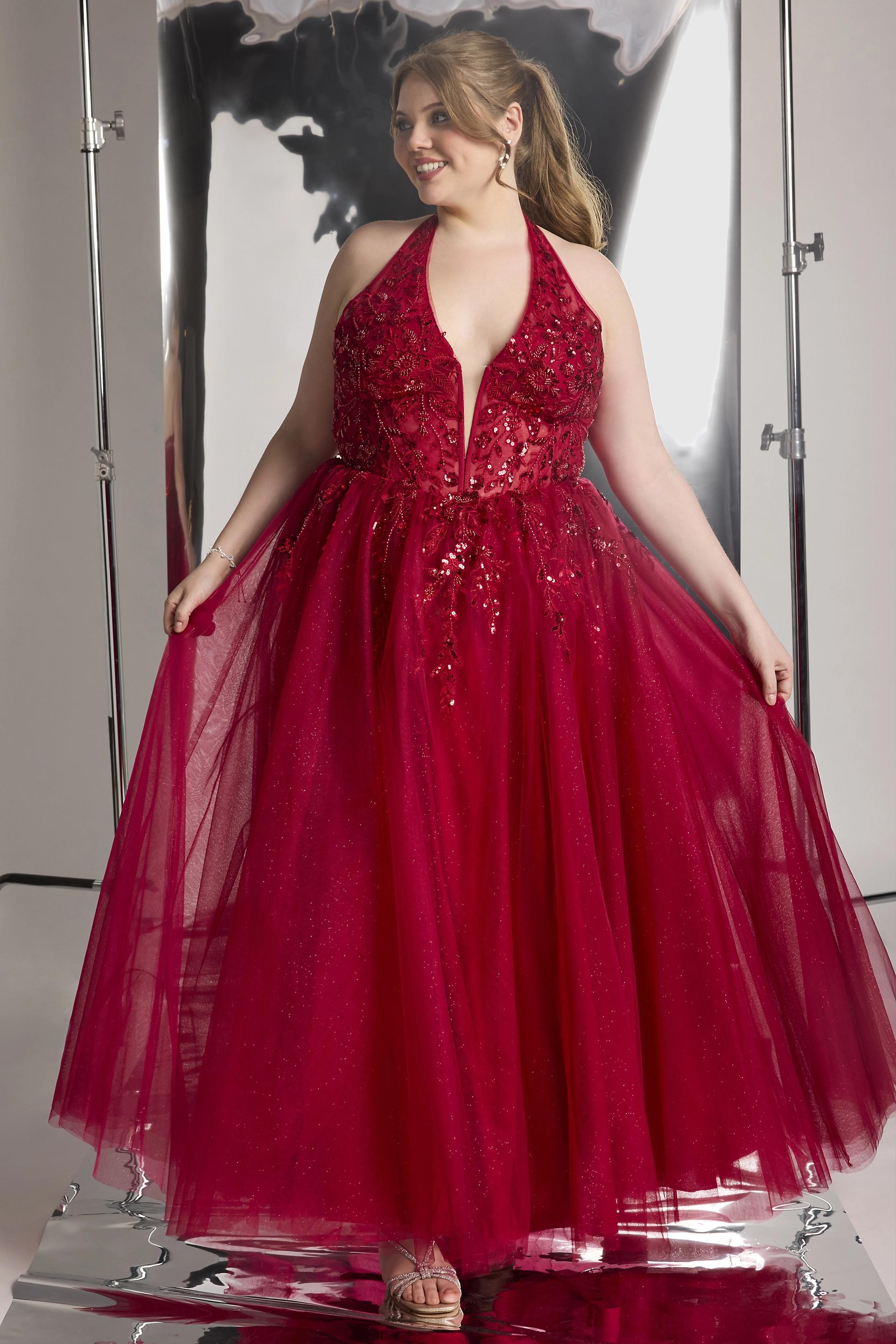 Picture of Illusion Plunge Halter Ball Gown with Appliques