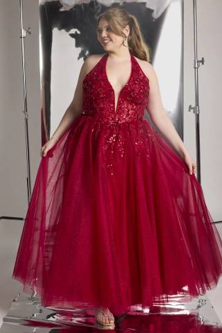 View Jules and Cleo Illusion Plunge Halter Ball Gown with Appliques in all available color and sizes Picture of Illusion Plunge Halter Ball Gown with Appliques