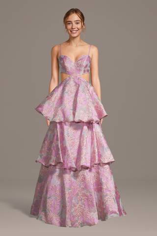 View Jules and Cleo Tiered Floral Jacquard A-Line Dress with Cutouts in all available color and sizes Picture of Tiered Floral Jacquard A-Line Dress with Cutouts