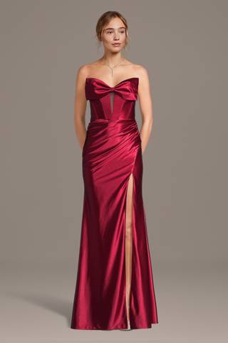 View Jules and Cleo Sculpting Satin Corset Sheath Dress with Bow in all available color and sizes Picture of Sculpting Satin Corset Sheath Dress with Bow