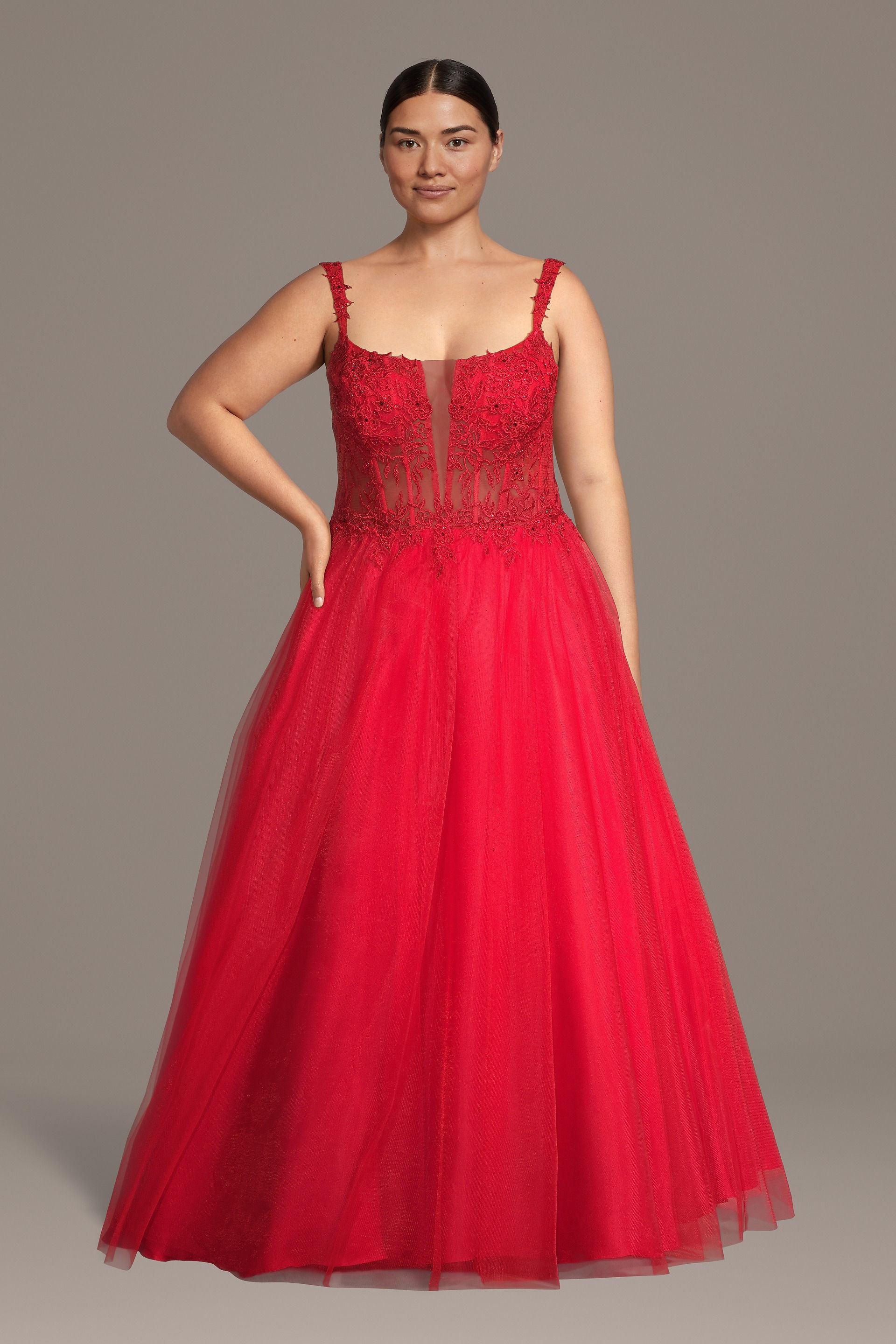 Picture of Tulle Illusion Plunge Ball Gown with Appliques
