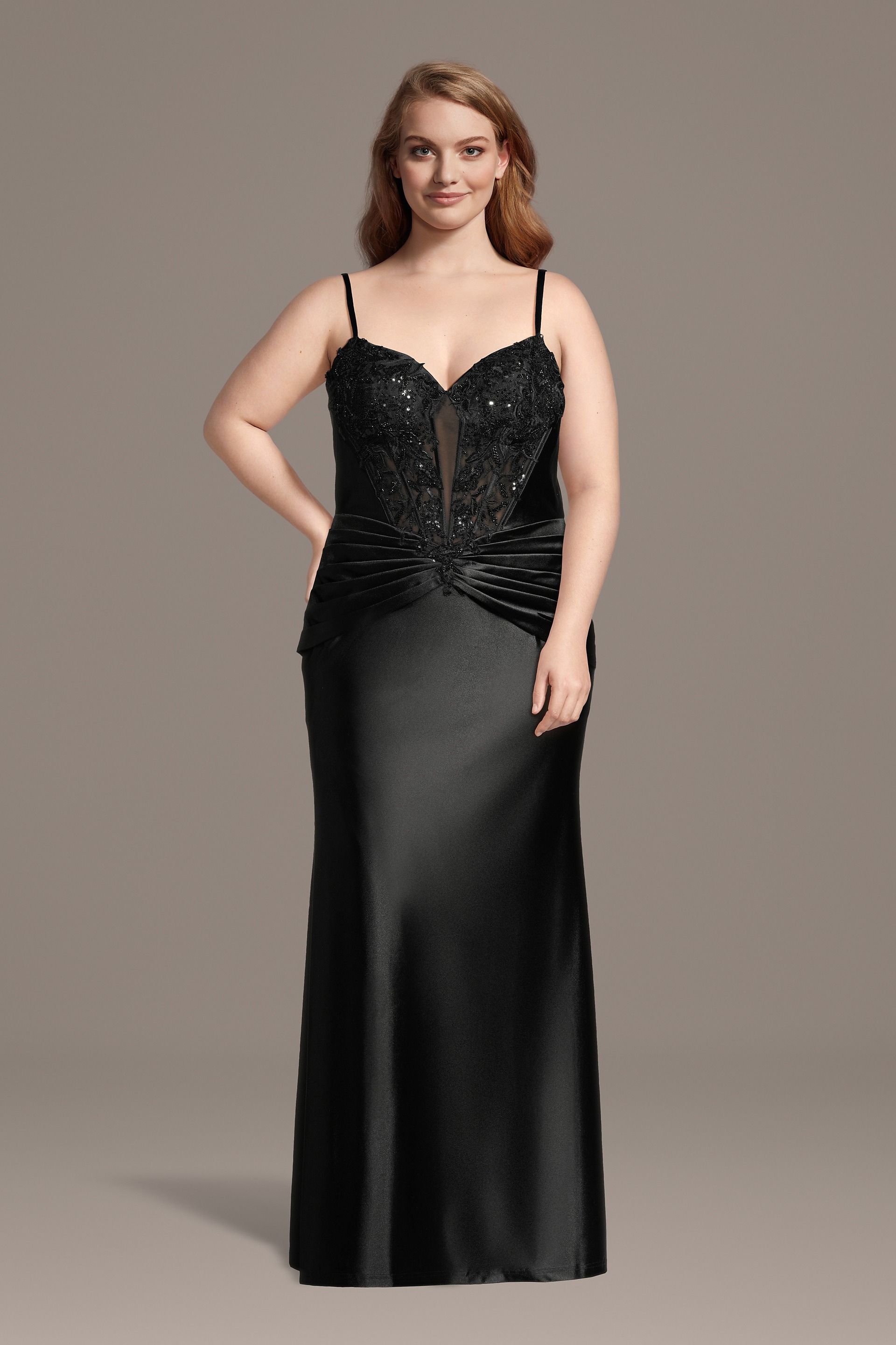 Picture of Sculpting Satin Sequin Plunge Sheath Dress