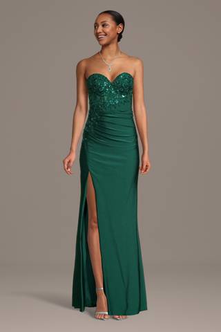 View Jules and Cleo Stretch Satin Appliqued Sweetheart Sheath Dress in all available color and sizes Picture of Stretch Satin Appliqued Sweetheart Sheath Dress