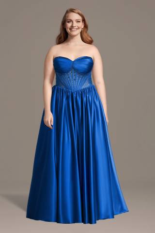 View Jules and Cleo Strapless Satin Basque Waist Ball Gown in all available color and sizes Picture of Strapless Satin Basque Waist Ball Gown