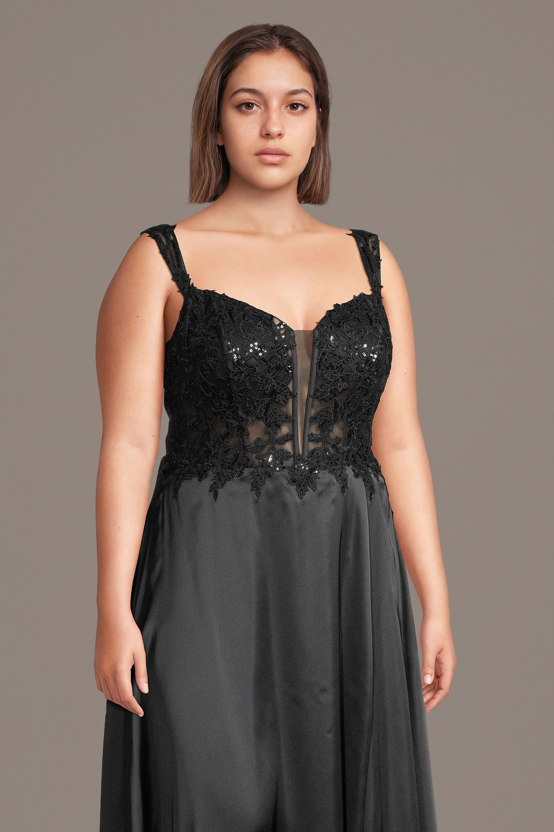 Illusion Plunge Appliqued Charmeuse A-Line Dress