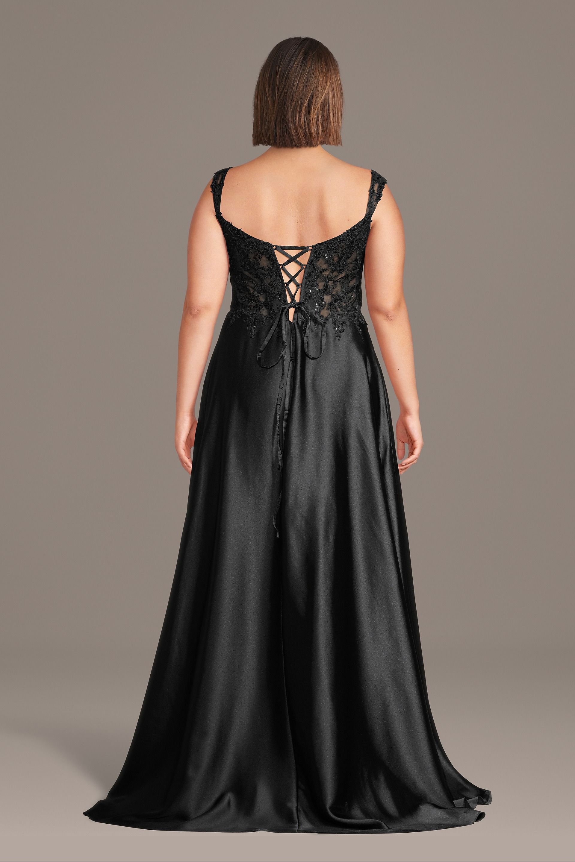 Illusion Plunge Appliqued Charmeuse A-Line Dress